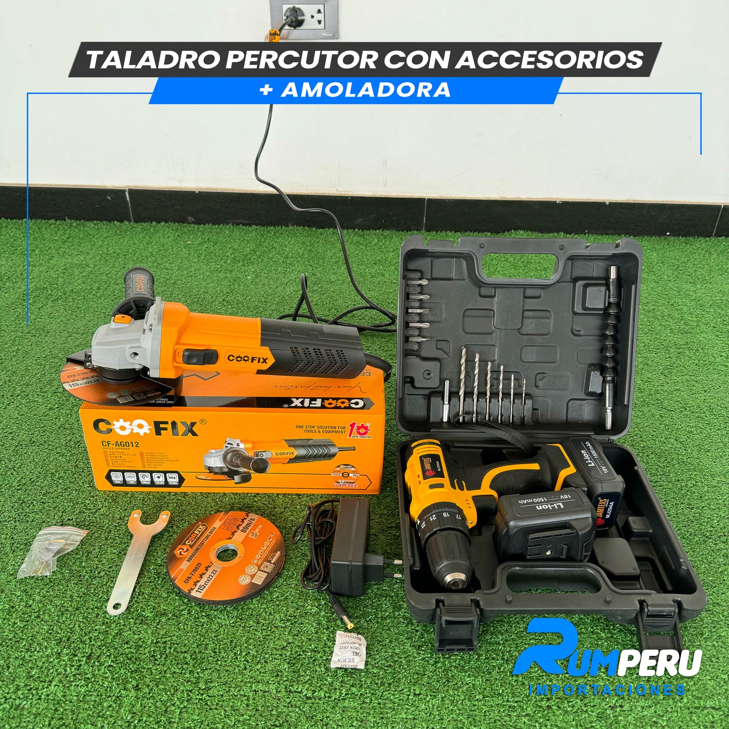 TALADRO PERCUTOR CON ACCESORIOS + AMOLADORA