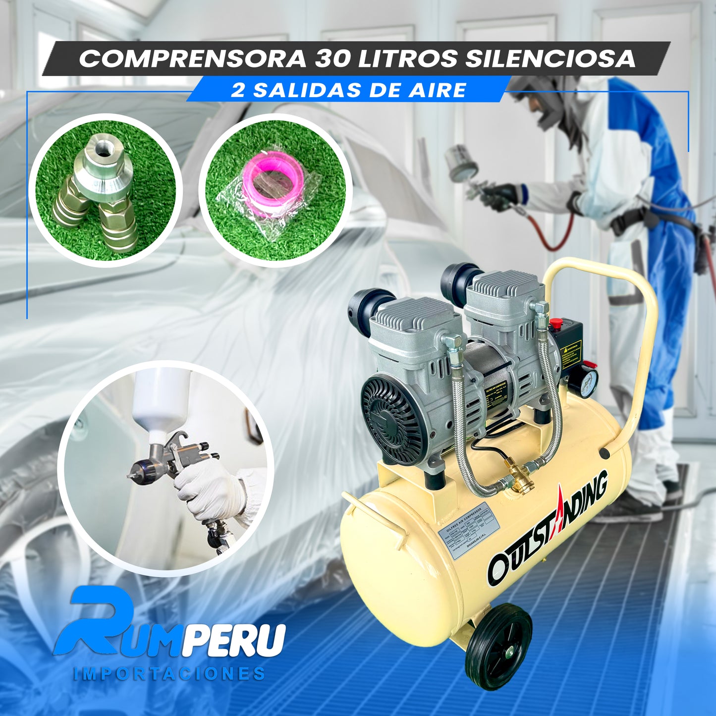 COMPRESORA 30 LITROS SILENCIOSA, 2 SALIDAS DE AIRE