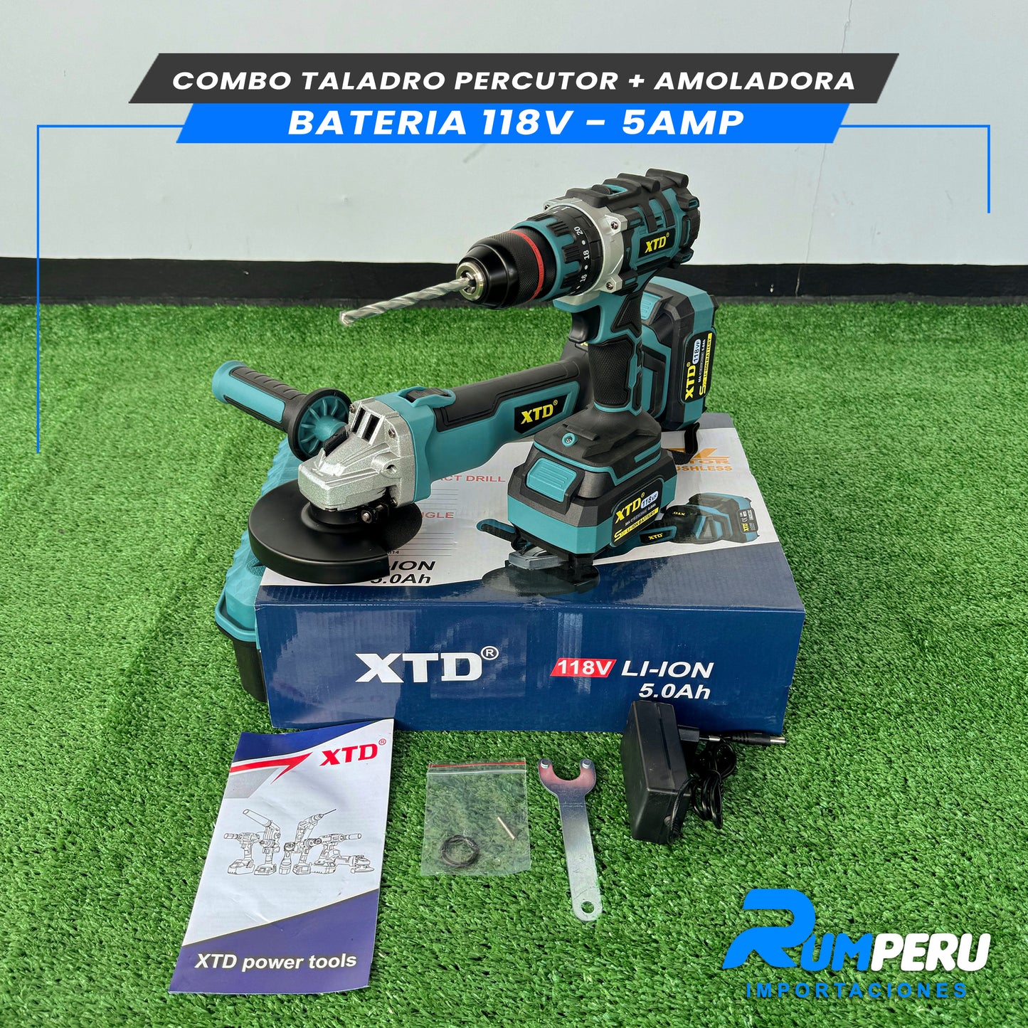 COMBO TALADRO PERCUTOR + AMOLADORA BATERIA 118V 5 AMPERIOS