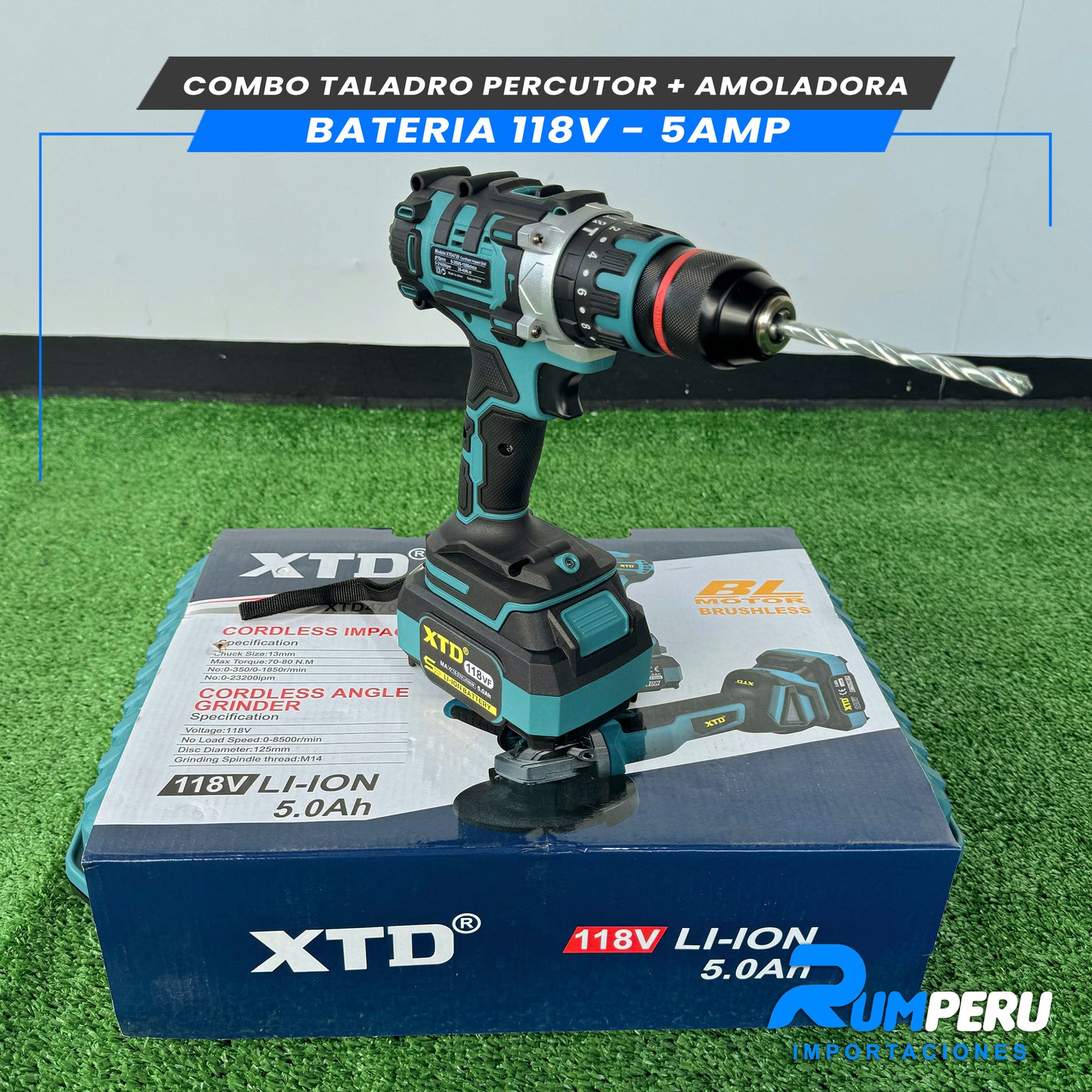 COMBO TALADRO PERCUTOR + AMOLADORA BATERIA 118V 5 AMPERIOS