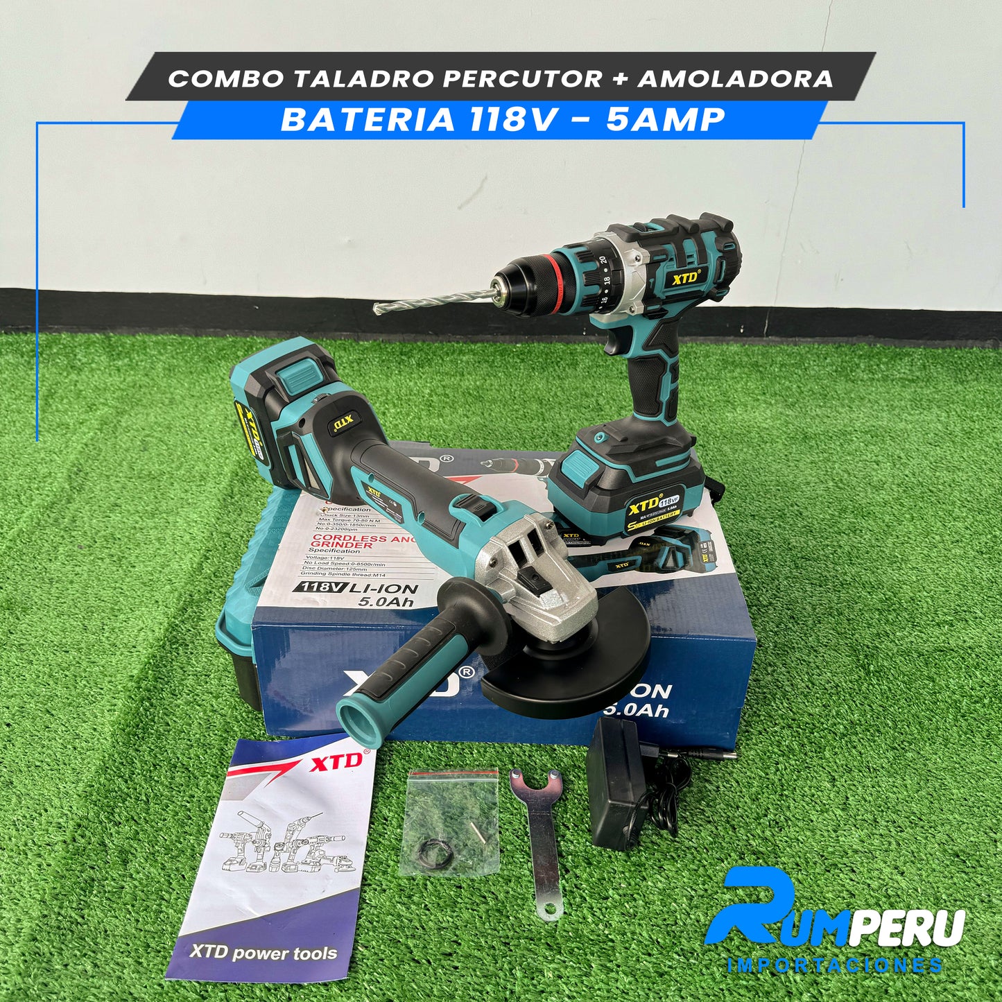 COMBO TALADRO PERCUTOR + AMOLADORA BATERIA 118V 5 AMPERIOS
