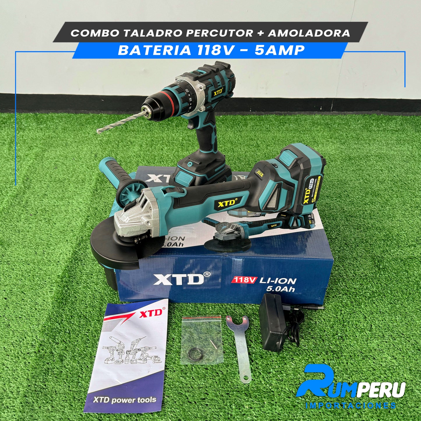 COMBO TALADRO PERCUTOR + AMOLADORA BATERIA 118V 5 AMPERIOS