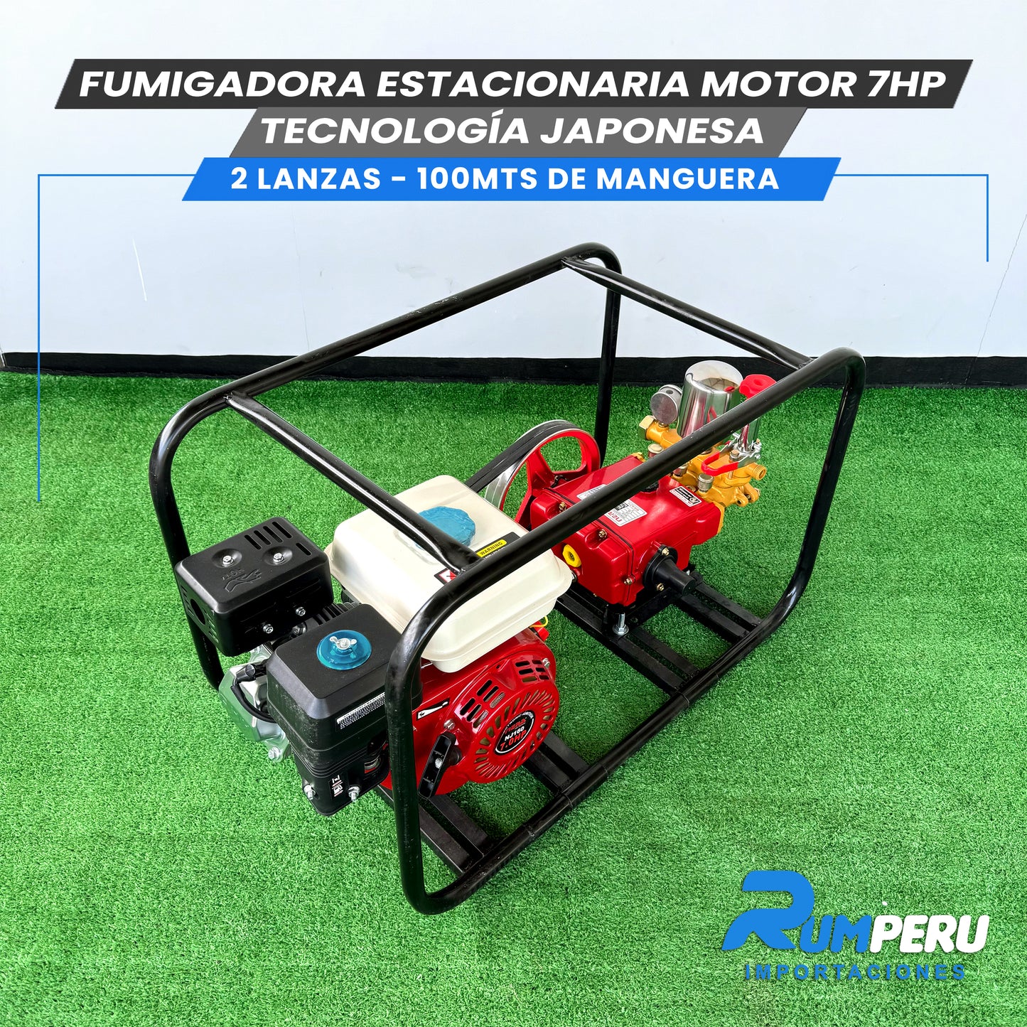 FUMIGADORA ESTACIONARIA MOTOR 7HP TECNOLOGÍA JAPONESA 2 LANZAS - 100 MTS DE MANGERA