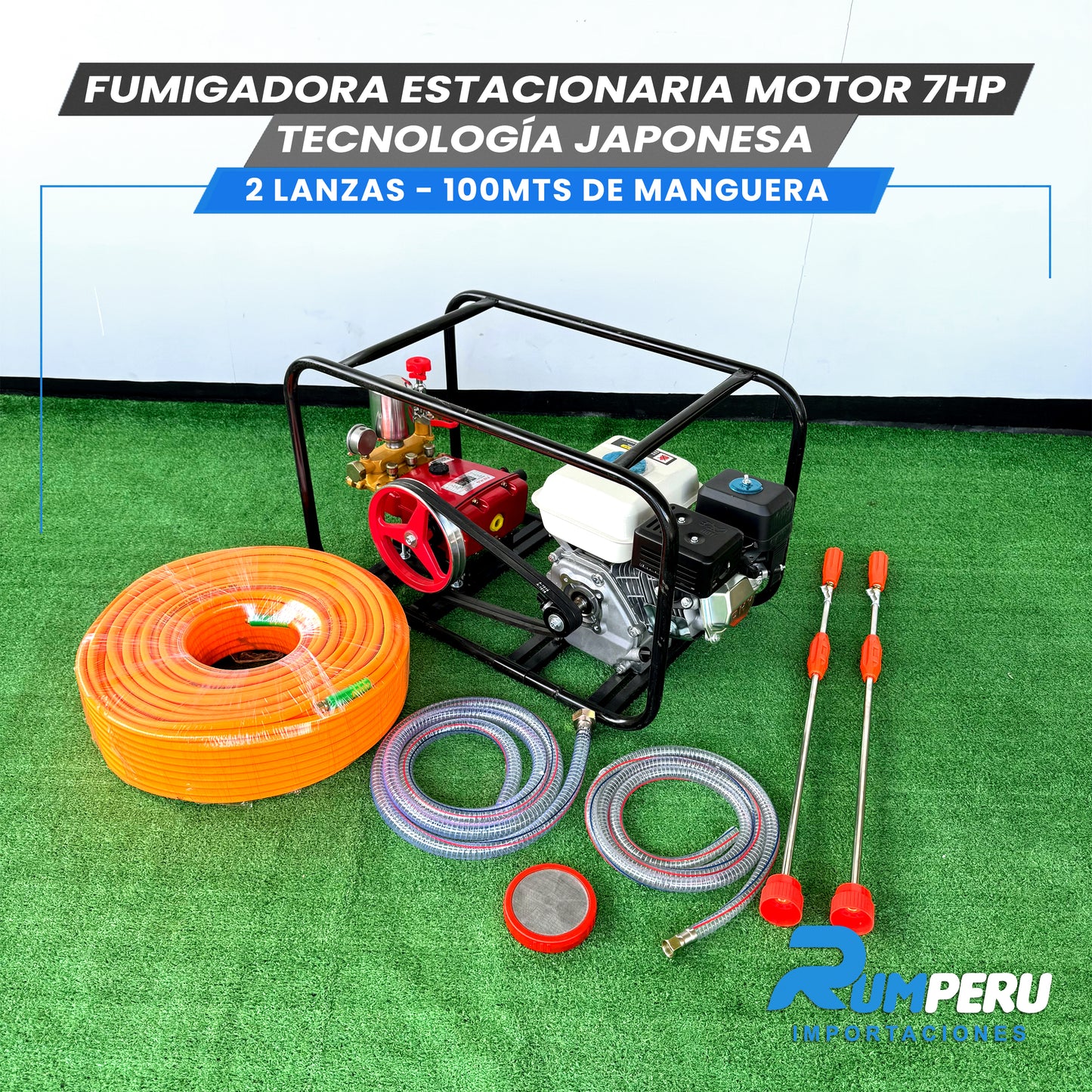 FUMIGADORA ESTACIONARIA MOTOR 7HP TECNOLOGÍA JAPONESA 2 LANZAS - 100 MTS DE MANGERA