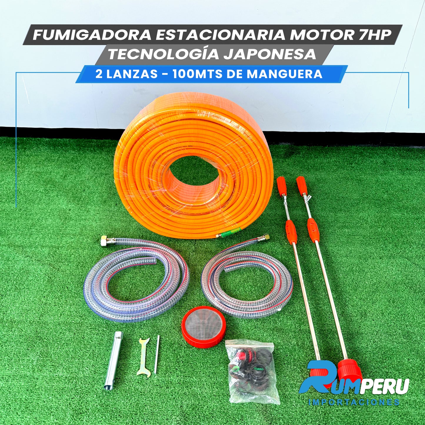 FUMIGADORA ESTACIONARIA MOTOR 7HP TECNOLOGÍA JAPONESA 2 LANZAS - 100 MTS DE MANGERA
