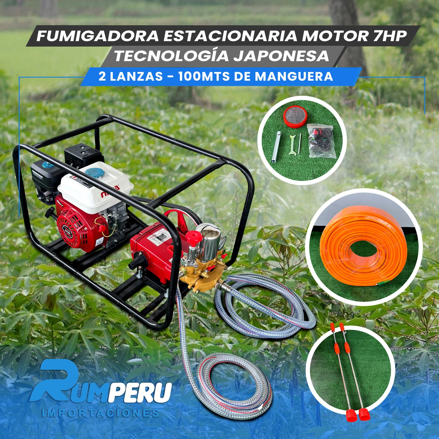 FUMIGADORA ESTACIONARIA MOTOR 7HP TECNOLOGÍA JAPONESA 2 LANZAS - 100 MTS DE MANGERA