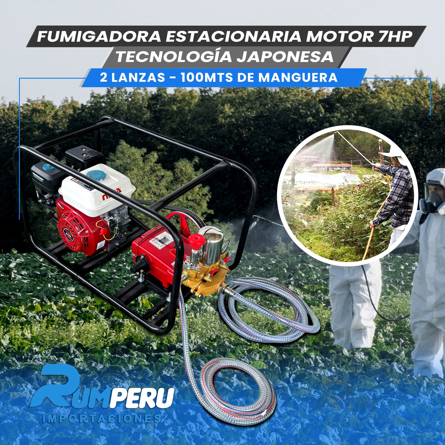 FUMIGADORA ESTACIONARIA MOTOR 7HP TECNOLOGÍA JAPONESA 2 LANZAS - 100 MTS DE MANGERA