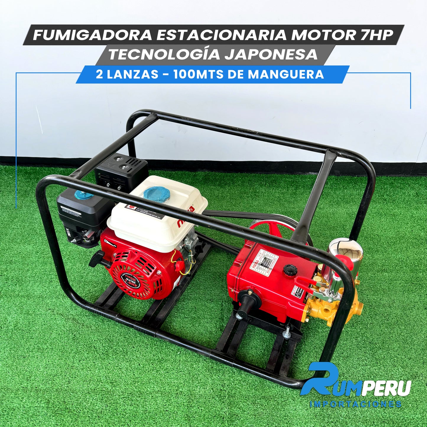 FUMIGADORA ESTACIONARIA MOTOR 7HP TECNOLOGÍA JAPONESA 2 LANZAS - 100 MTS DE MANGERA