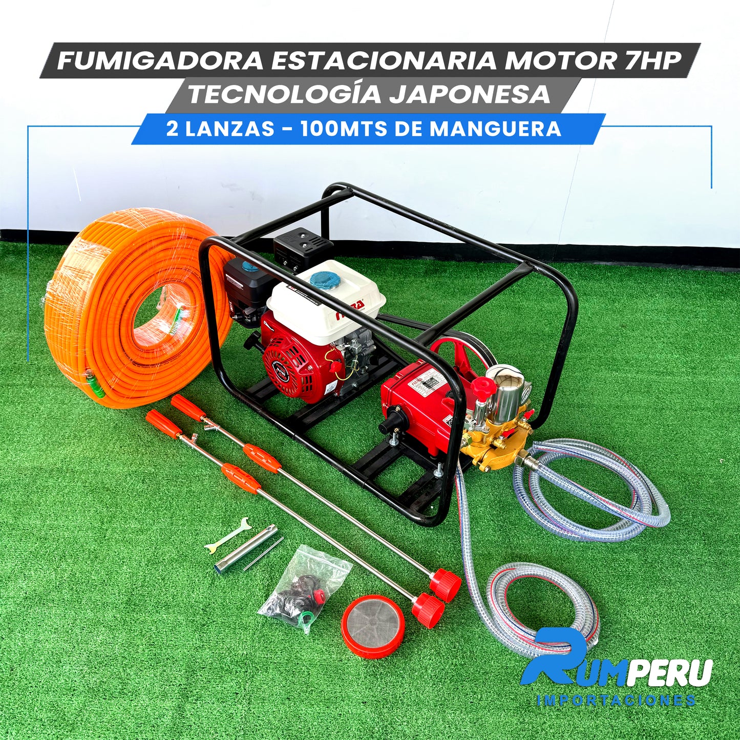 FUMIGADORA ESTACIONARIA MOTOR 7HP TECNOLOGÍA JAPONESA 2 LANZAS - 100 MTS DE MANGERA