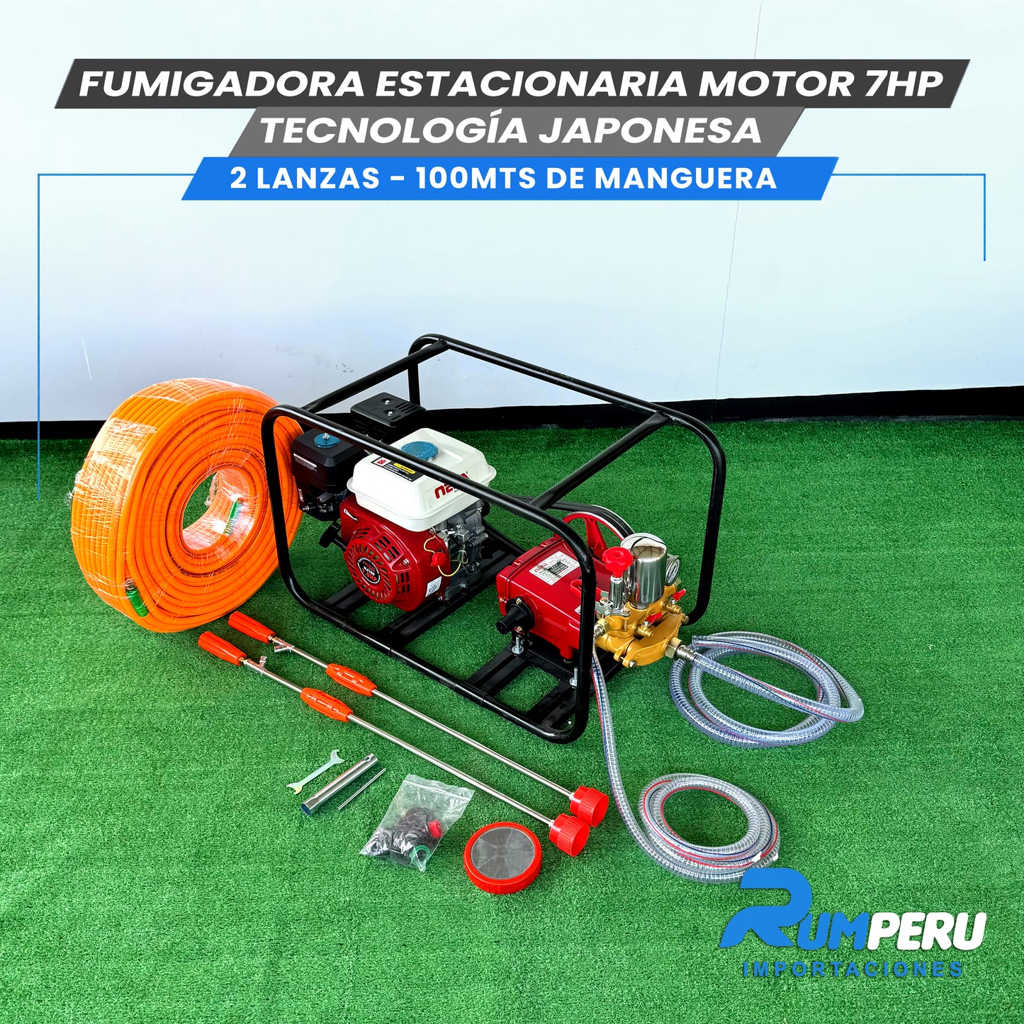 FUMIGADORA ESTACIONARIA MOTOR 7HP TECNOLOGÍA JAPONESA 2 LANZAS - 100 MTS DE MANGERA