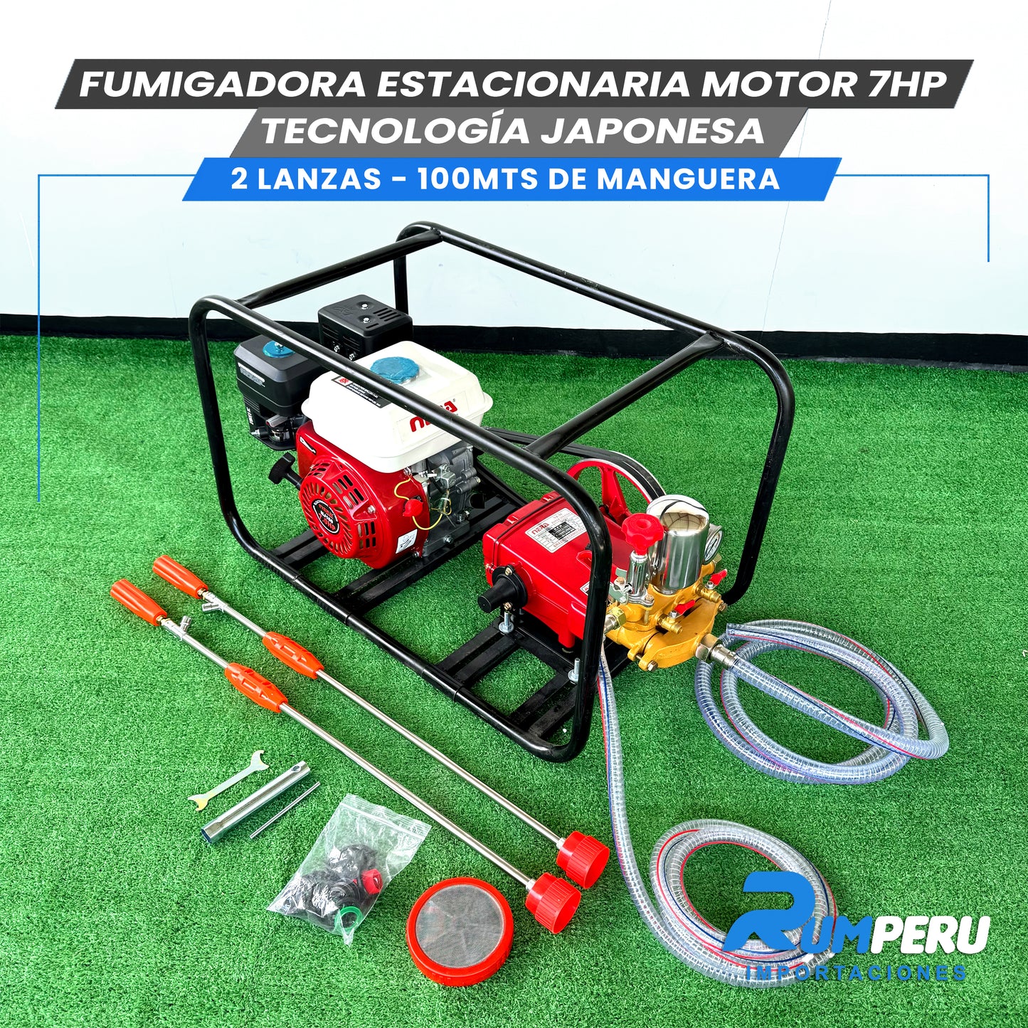 FUMIGADORA ESTACIONARIA MOTOR 7HP TECNOLOGÍA JAPONESA 2 LANZAS - 100 MTS DE MANGERA