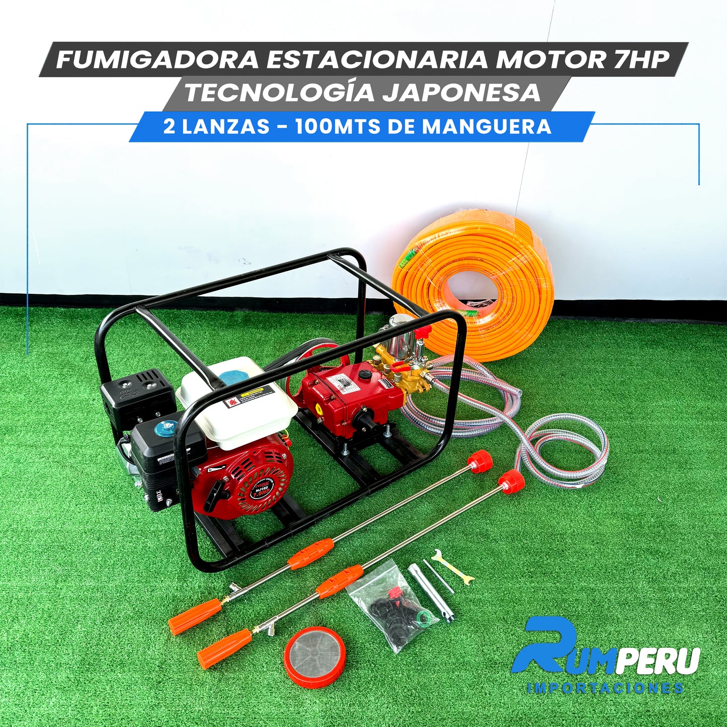 FUMIGADORA ESTACIONARIA MOTOR 7HP TECNOLOGÍA JAPONESA 2 LANZAS - 100 MTS DE MANGERA