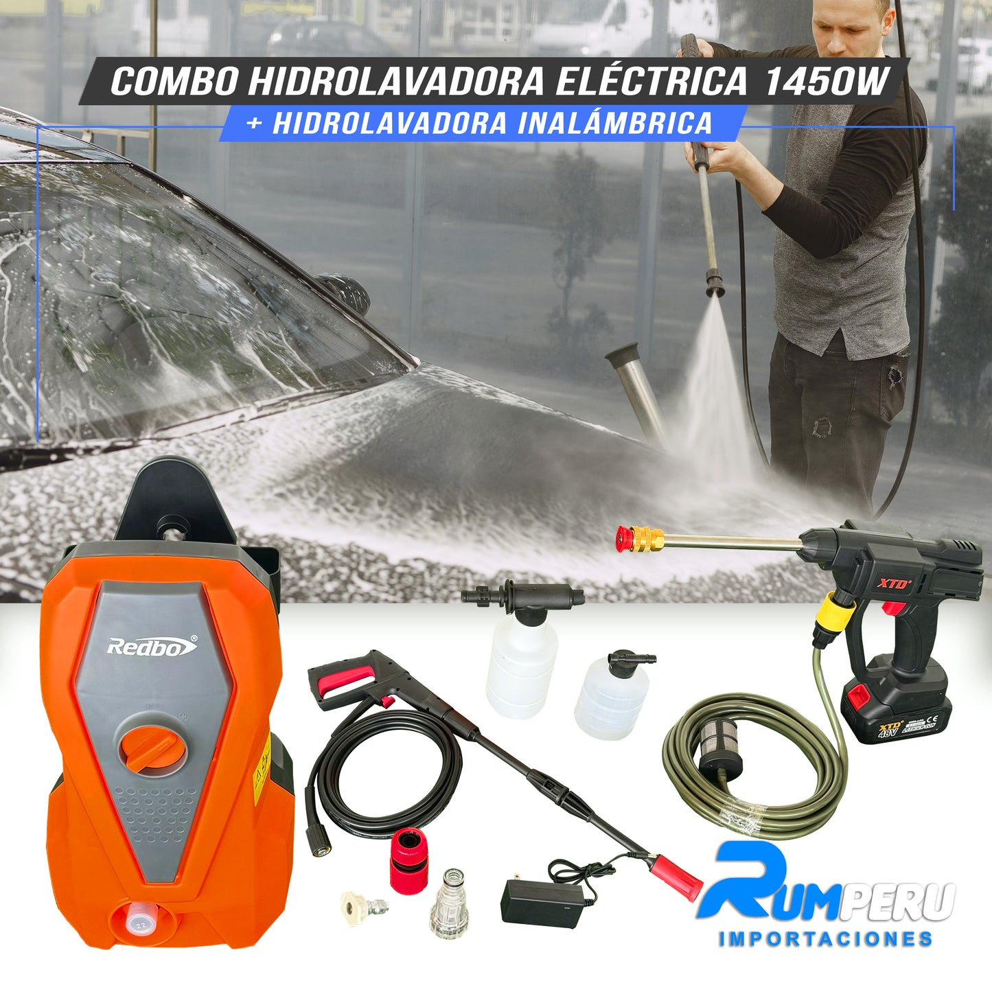 COMBO HIDROLAVADORA ELÉCTRICA 1450W + HIDROLAVADORA INALÁMBRICA
