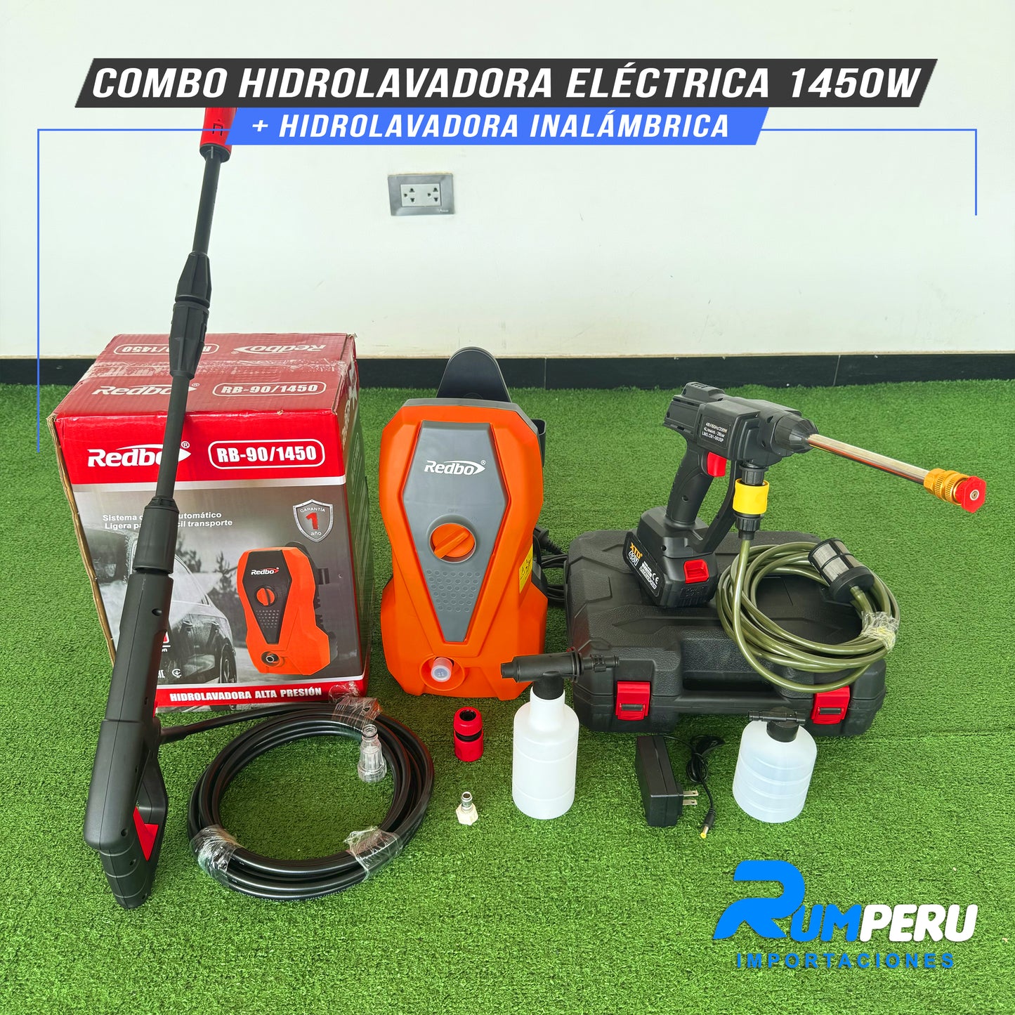 COMBO HIDROLAVADORA ELÉCTRICA 1450W + HIDROLAVADORA INALÁMBRICA
