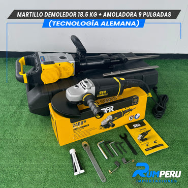 Martillo demoledor 18.5 KG + Amoladora 9 pulgadas (Tecnología Alemana )