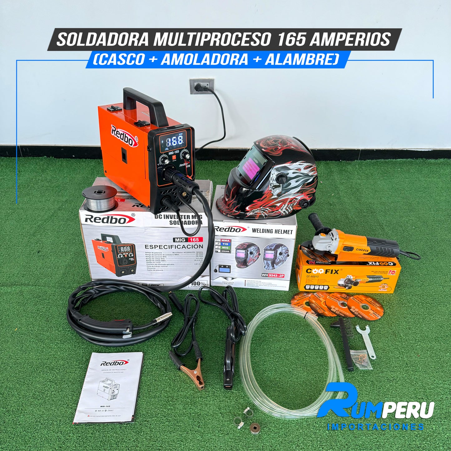 SOLDADORA MULTIPROCESO 165 AMPERIOS (CASCO + AMOLADORA + ALAMBRE)
