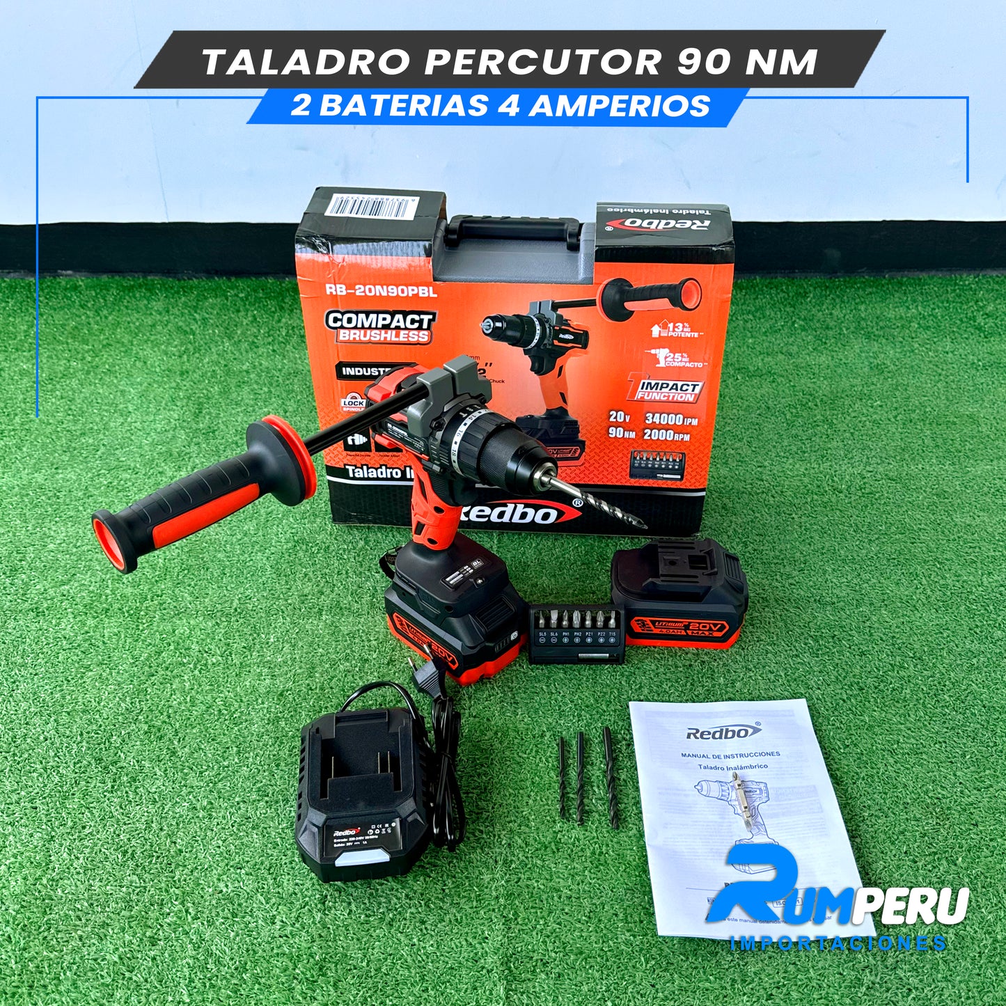 TALADRO PERCUTOR 90 NM 2 BATERIAS 4 AMPERIOS