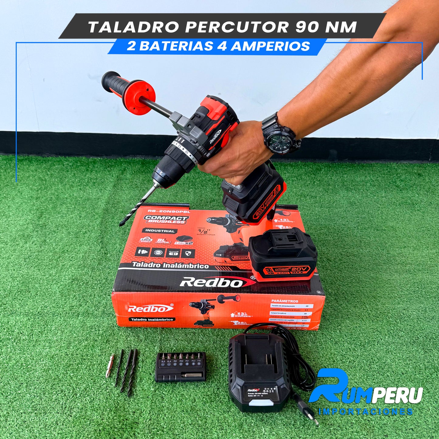 TALADRO PERCUTOR 90 NM 2 BATERIAS 4 AMPERIOS