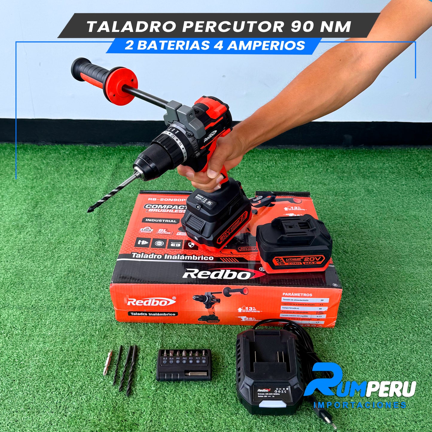 TALADRO PERCUTOR 90 NM 2 BATERIAS 4 AMPERIOS