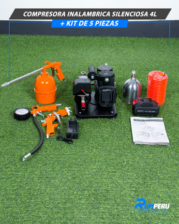 Compresora Inalámbrica Silenciosa 4L + Kit 5 Piezas