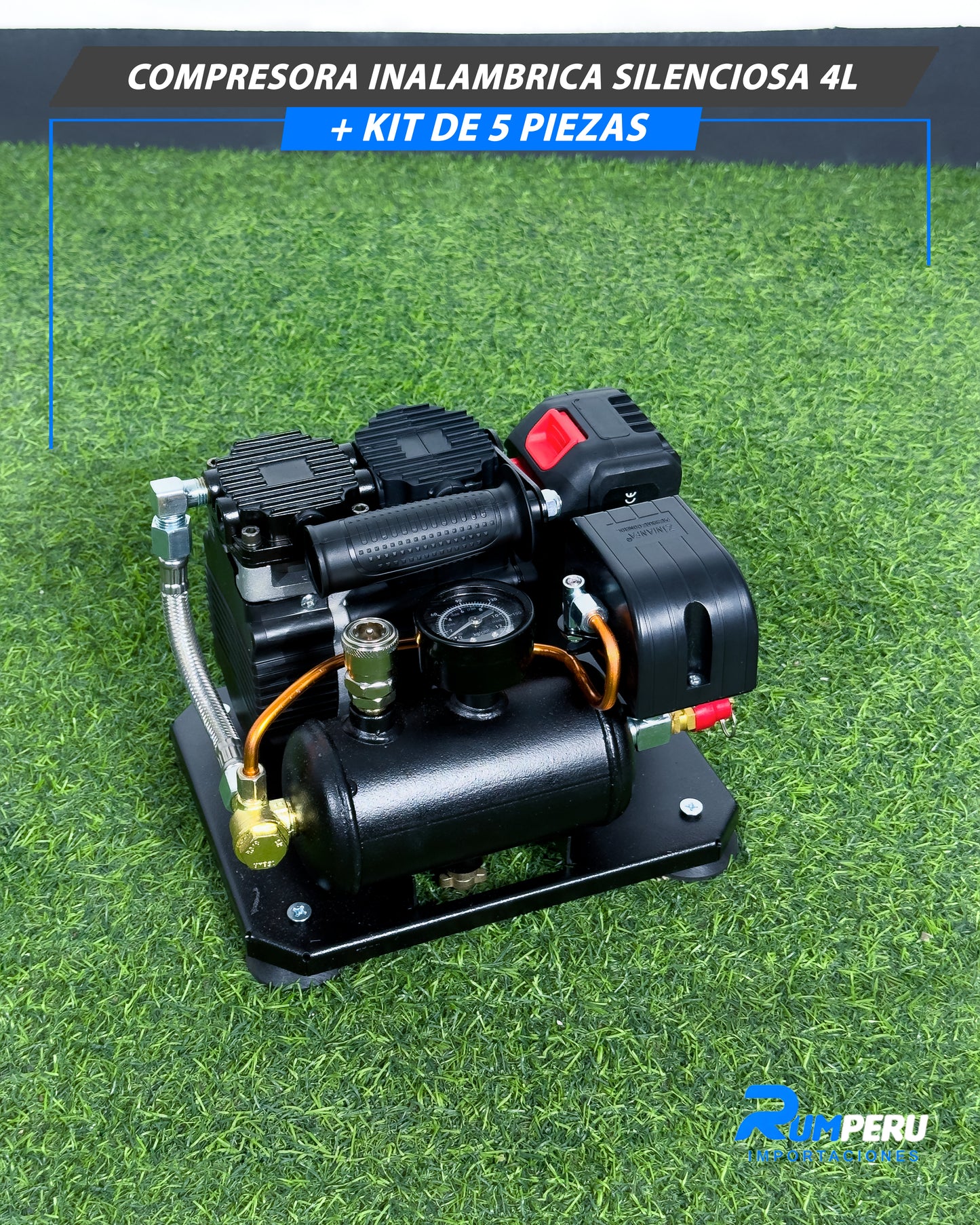 Compresora Inalámbrica Silenciosa 4L + Kit 5 Piezas