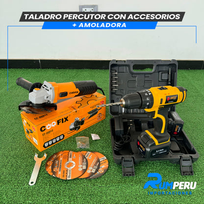 TALADRO PERCUTOR CON ACCESORIOS + AMOLADORA