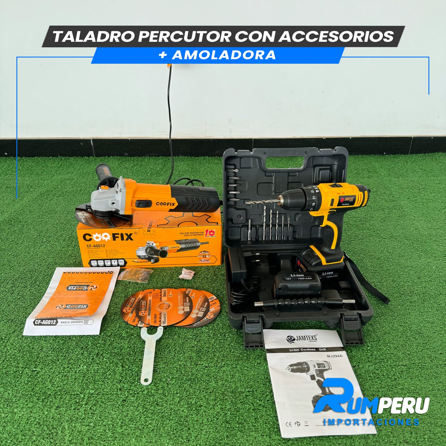 TALADRO PERCUTOR CON ACCESORIOS + AMOLADORA