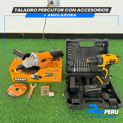 TALADRO PERCUTOR CON ACCESORIOS + AMOLADORA