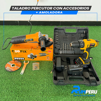 TALADRO PERCUTOR CON ACCESORIOS + AMOLADORA