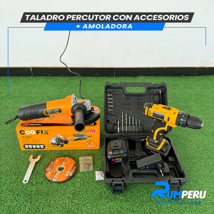 TALADRO PERCUTOR CON ACCESORIOS + AMOLADORA