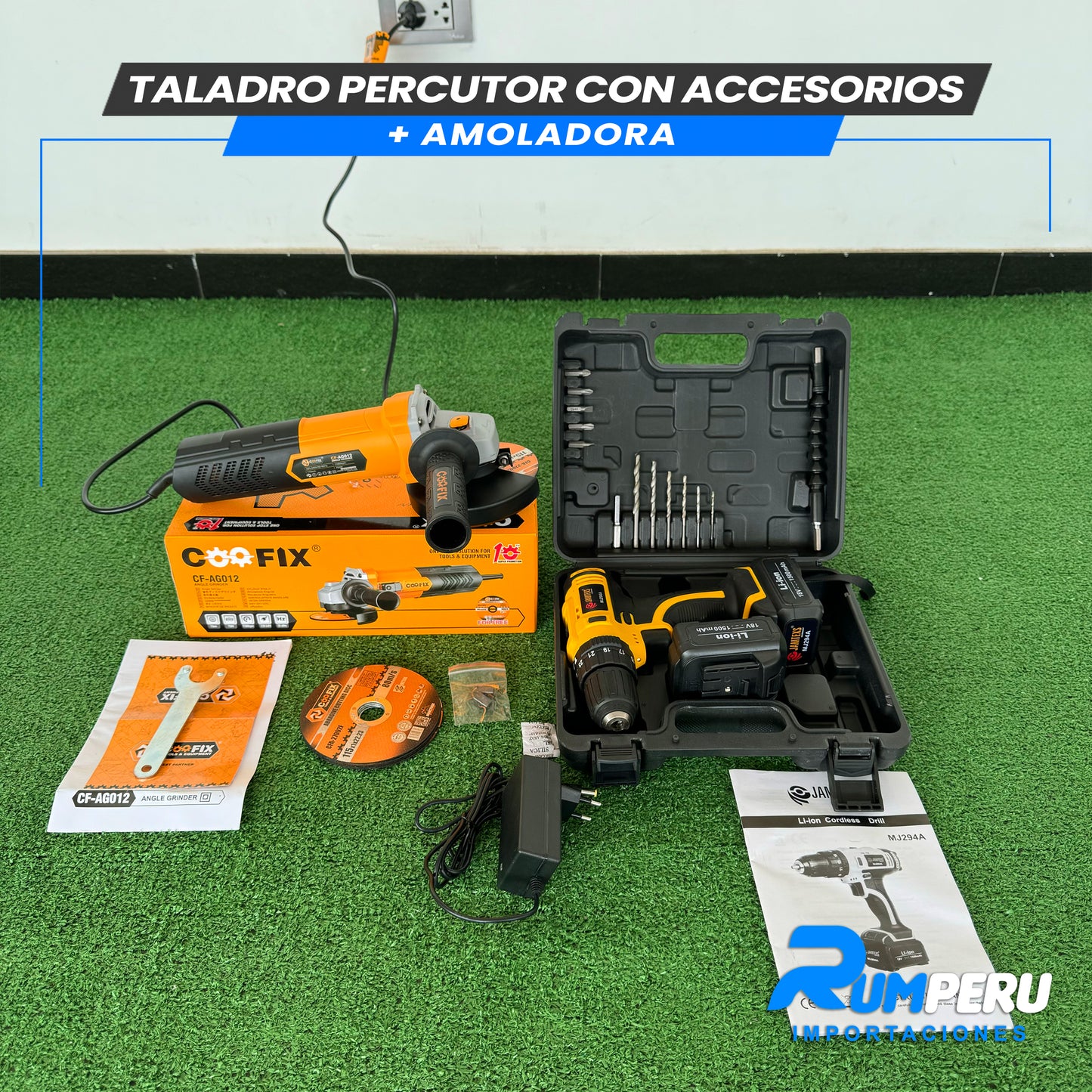 TALADRO PERCUTOR CON ACCESORIOS + AMOLADORA
