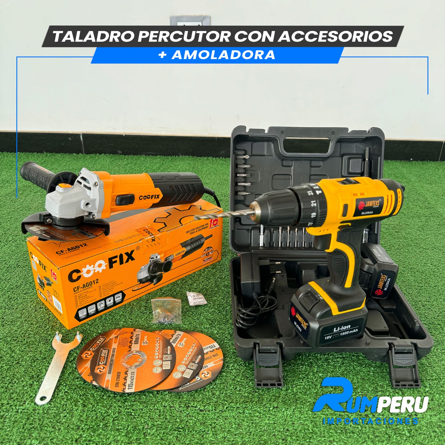 TALADRO PERCUTOR CON ACCESORIOS + AMOLADORA