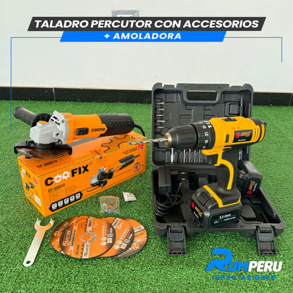 TALADRO PERCUTOR CON ACCESORIOS + AMOLADORA