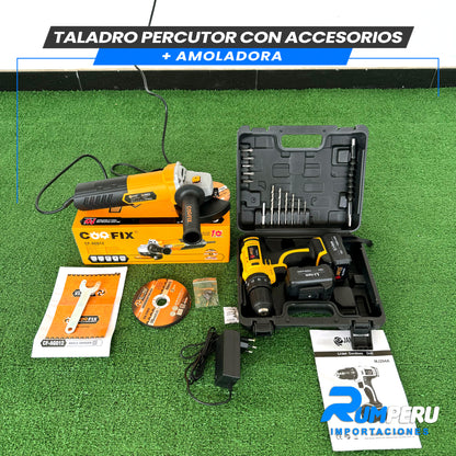 TALADRO PERCUTOR CON ACCESORIOS + AMOLADORA