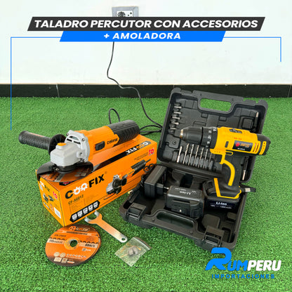 TALADRO PERCUTOR CON ACCESORIOS + AMOLADORA