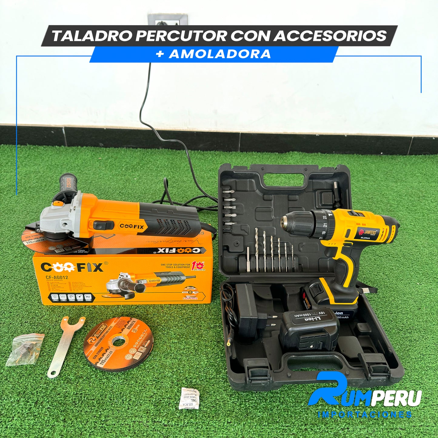 TALADRO PERCUTOR CON ACCESORIOS + AMOLADORA