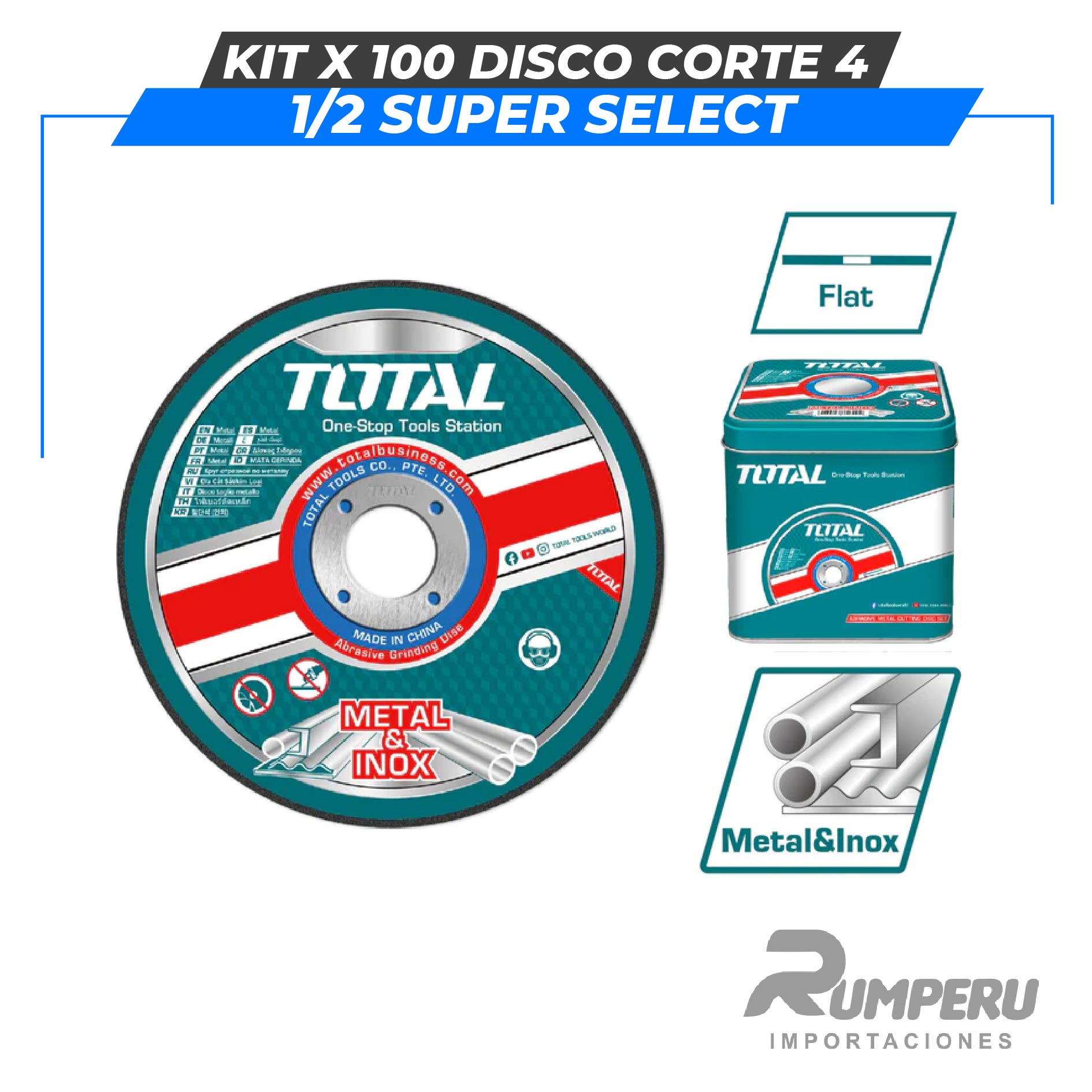 Kit x 100 Disco corte 4 1/2" SUPER SELECTSet de accesorios 120 pcs TOTAL