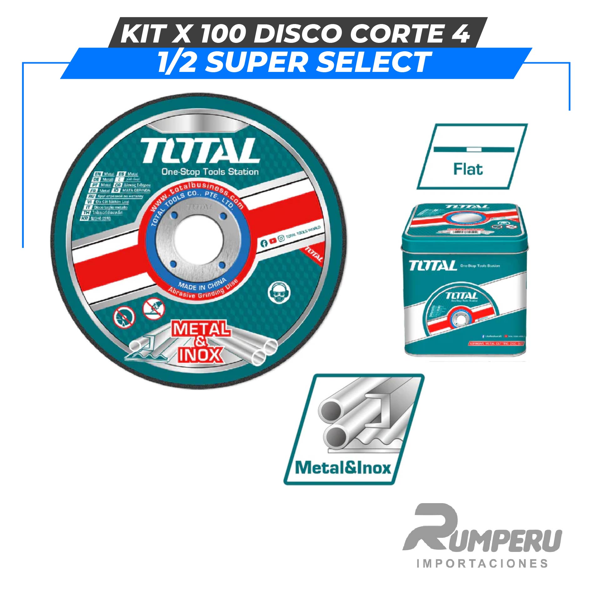 Kit x 100 Disco corte 4 1/2" SUPER SELECTSet de accesorios 120 pcs TOTAL