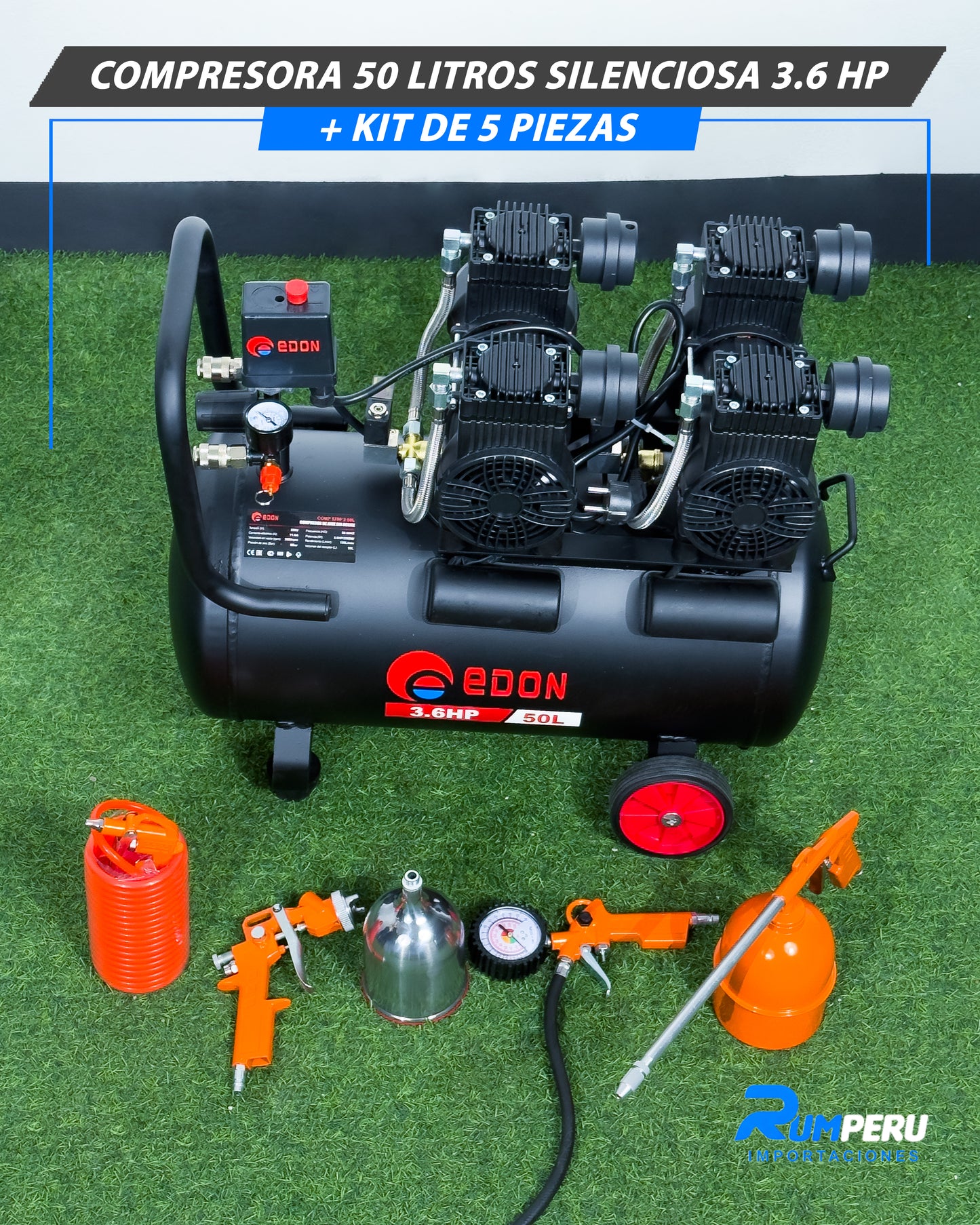 Compresora 50 Litros Silenciosa 3.6 HP + Kit De 5 Piezas