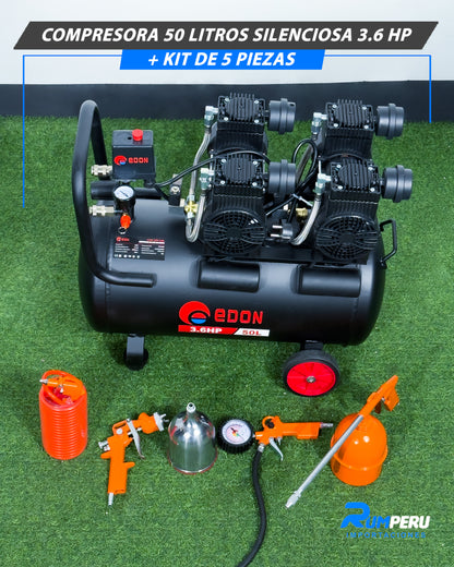 Compresora 50 Litros Silenciosa 3.6 HP + Kit De 5 Piezas