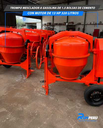 Trompo Mezclador Gasolina De 1.5 Bolsas De Cemento Con Motor De 13 HP 320 Litros