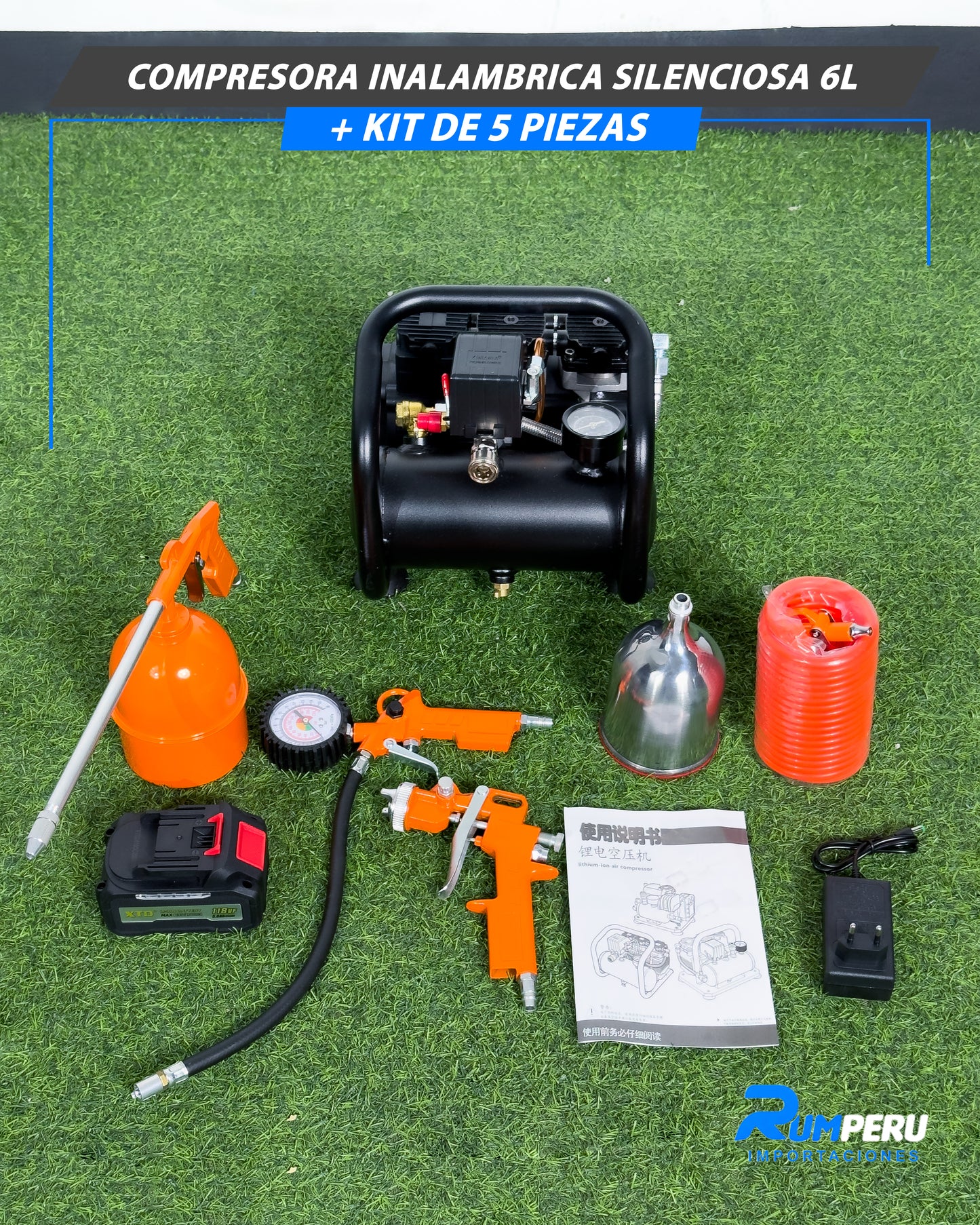 Compresora Inalámbrica Silenciosa 6L + Kit De 5 Piezas