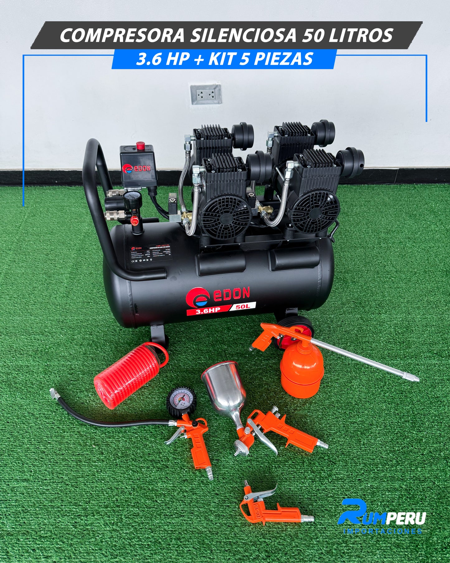 Compresora 50 Litros Silenciosa 3.6 HP + Kit De 5 Piezas