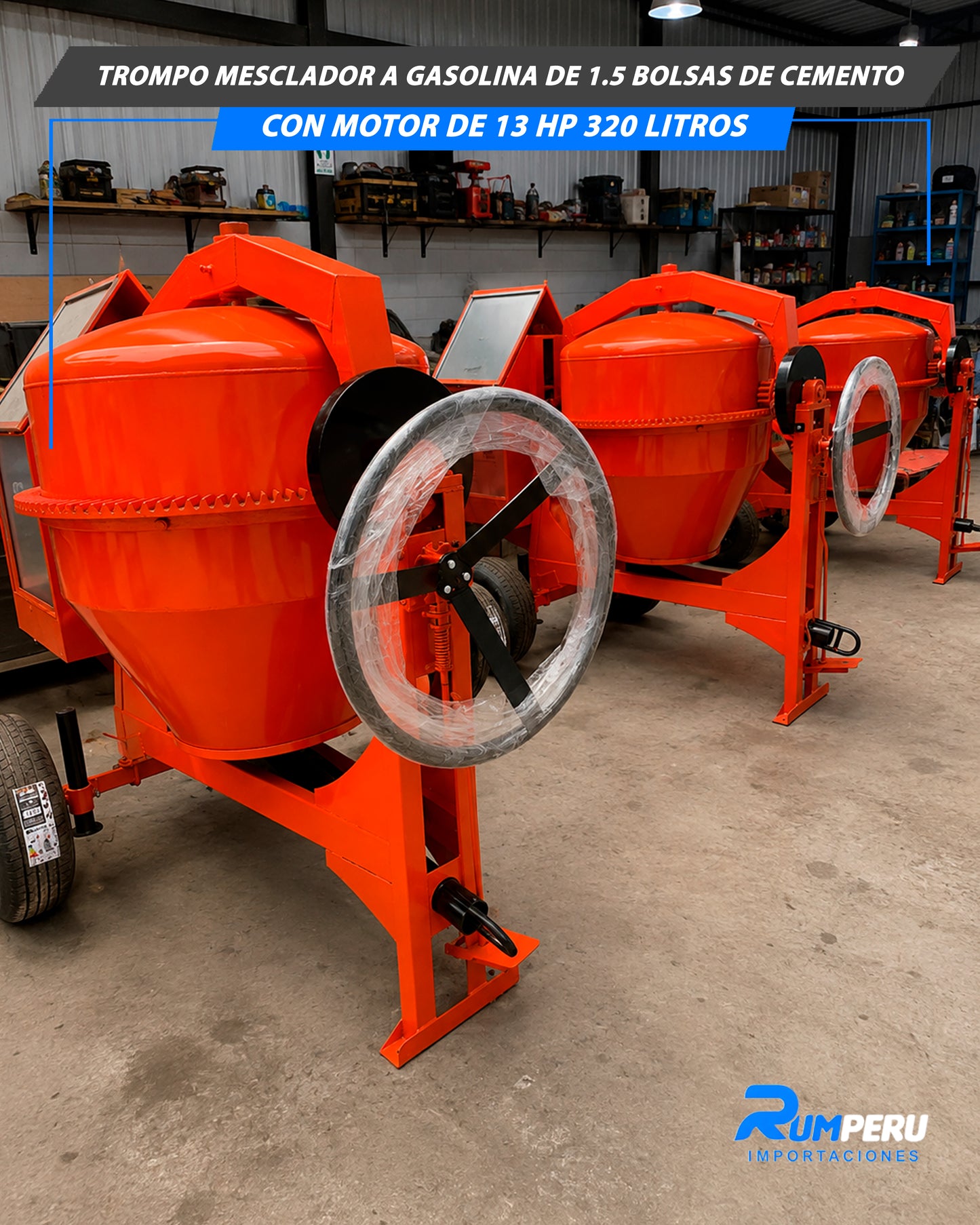 Trompo Mezclador Gasolina De 1.5 Bolsas De Cemento Con Motor De 13 HP 320 Litros