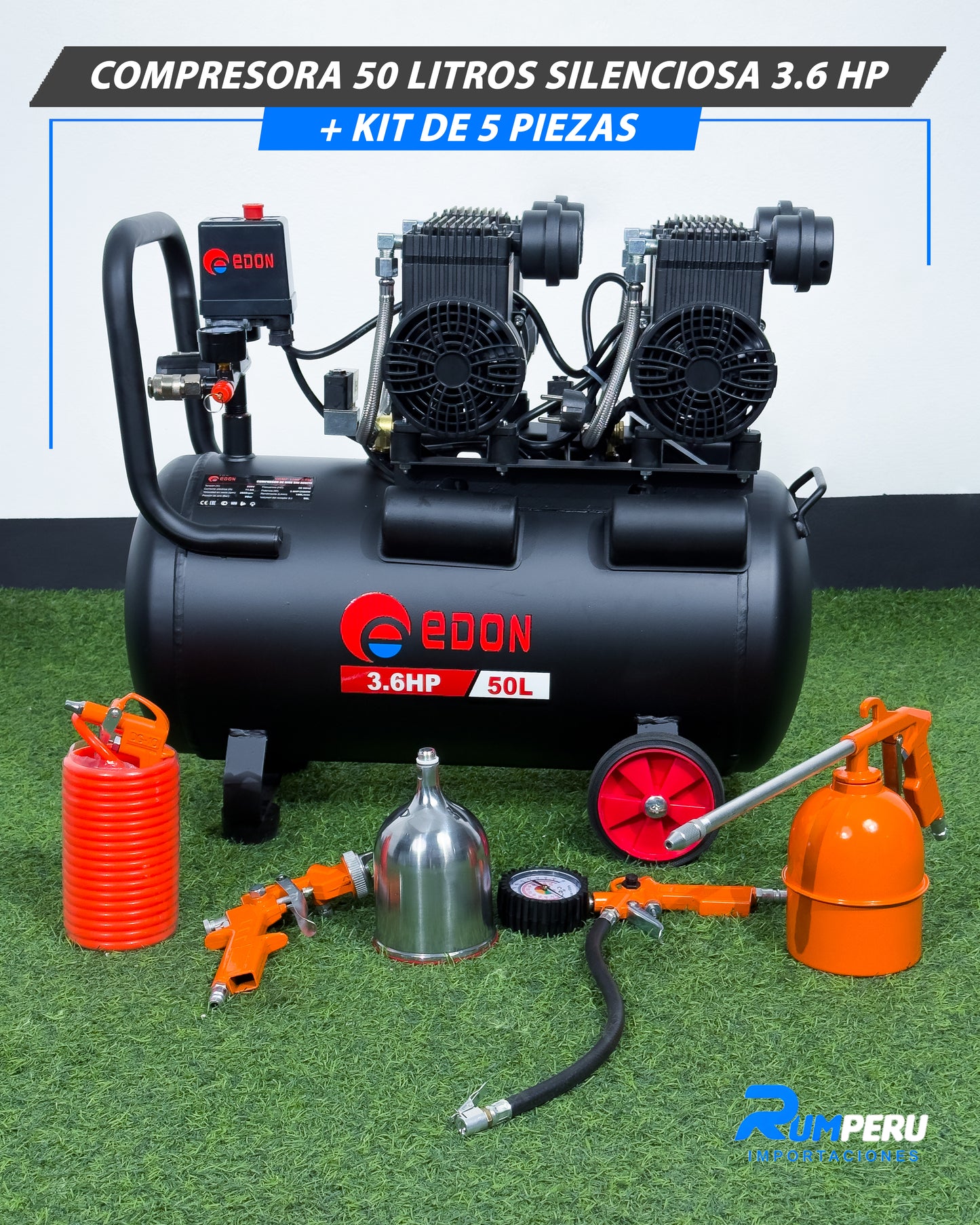 Compresora 50 Litros Silenciosa 3.6 HP + Kit De 5 Piezas