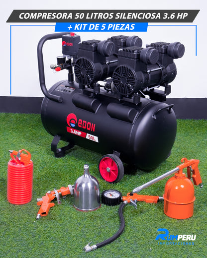 Compresora 50 Litros Silenciosa 3.6 HP + Kit De 5 Piezas