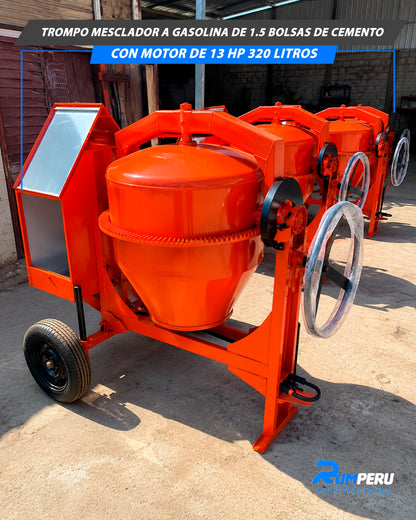 Trompo Mezclador Gasolina De 1.5 Bolsas De Cemento Con Motor De 13 HP 320 Litros