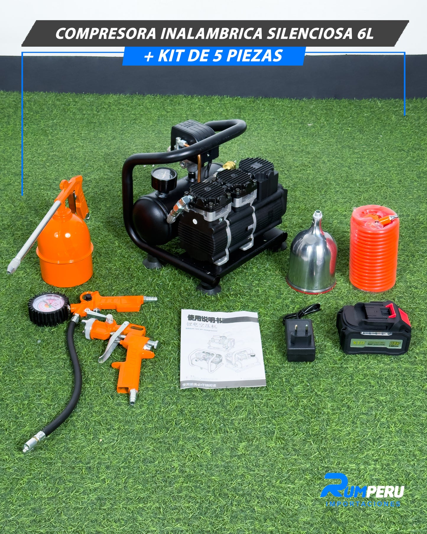 Compresora Inalámbrica Silenciosa 6L + Kit De 5 Piezas