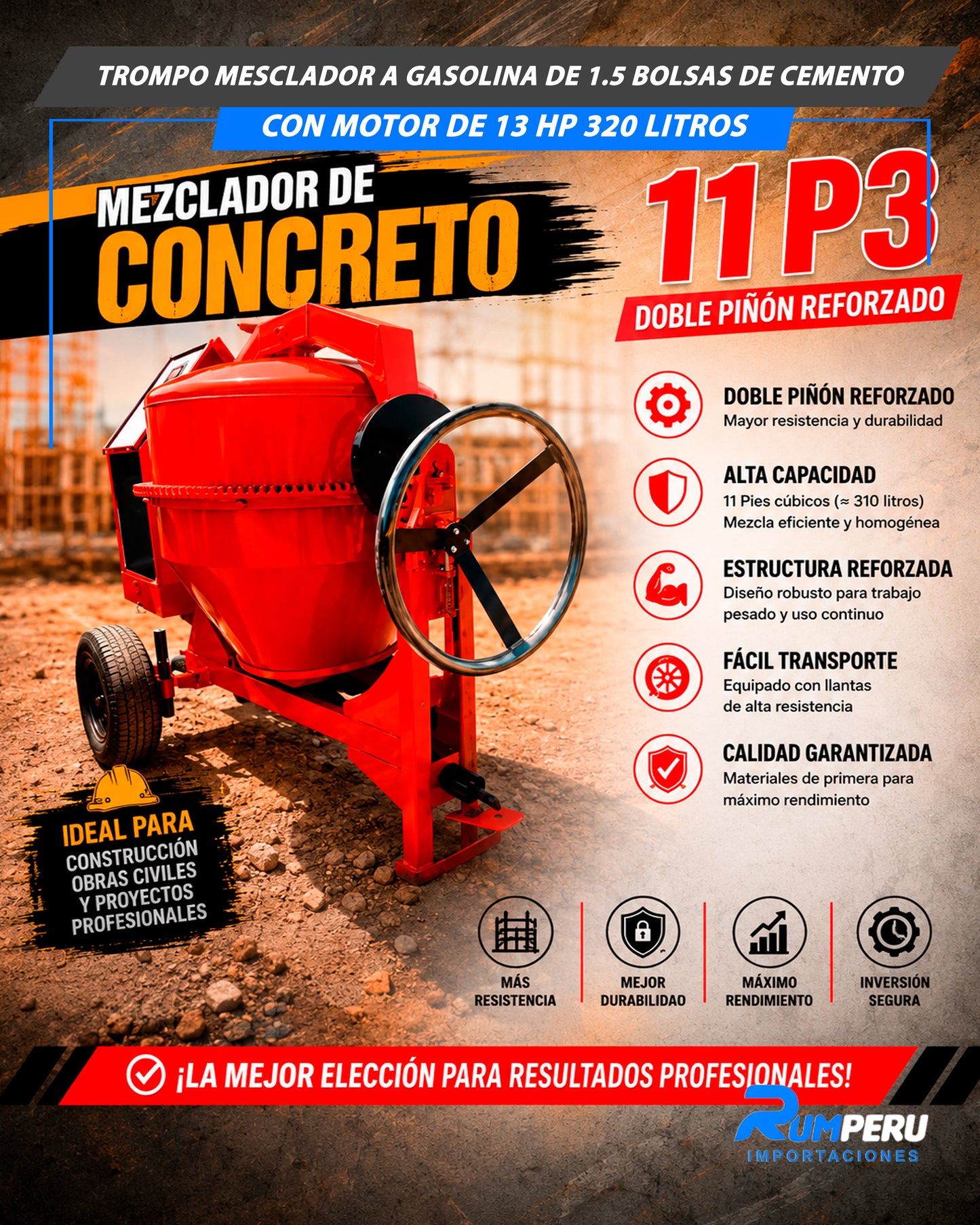Trompo Mezclador Gasolina De 1.5 Bolsas De Cemento Con Motor De 13 HP 320 Litros