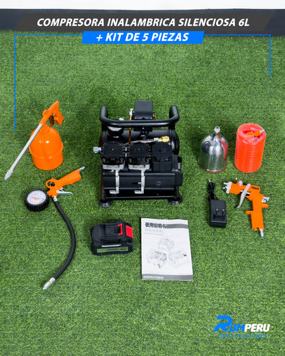 Compresora Inalámbrica Silenciosa 6L + Kit De 5 Piezas